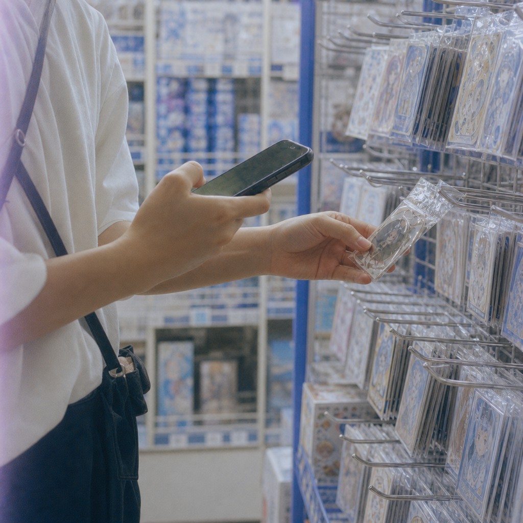 グッズ売り場でスマホを見ながら「これ、持ってたっけ？」と迷う様子