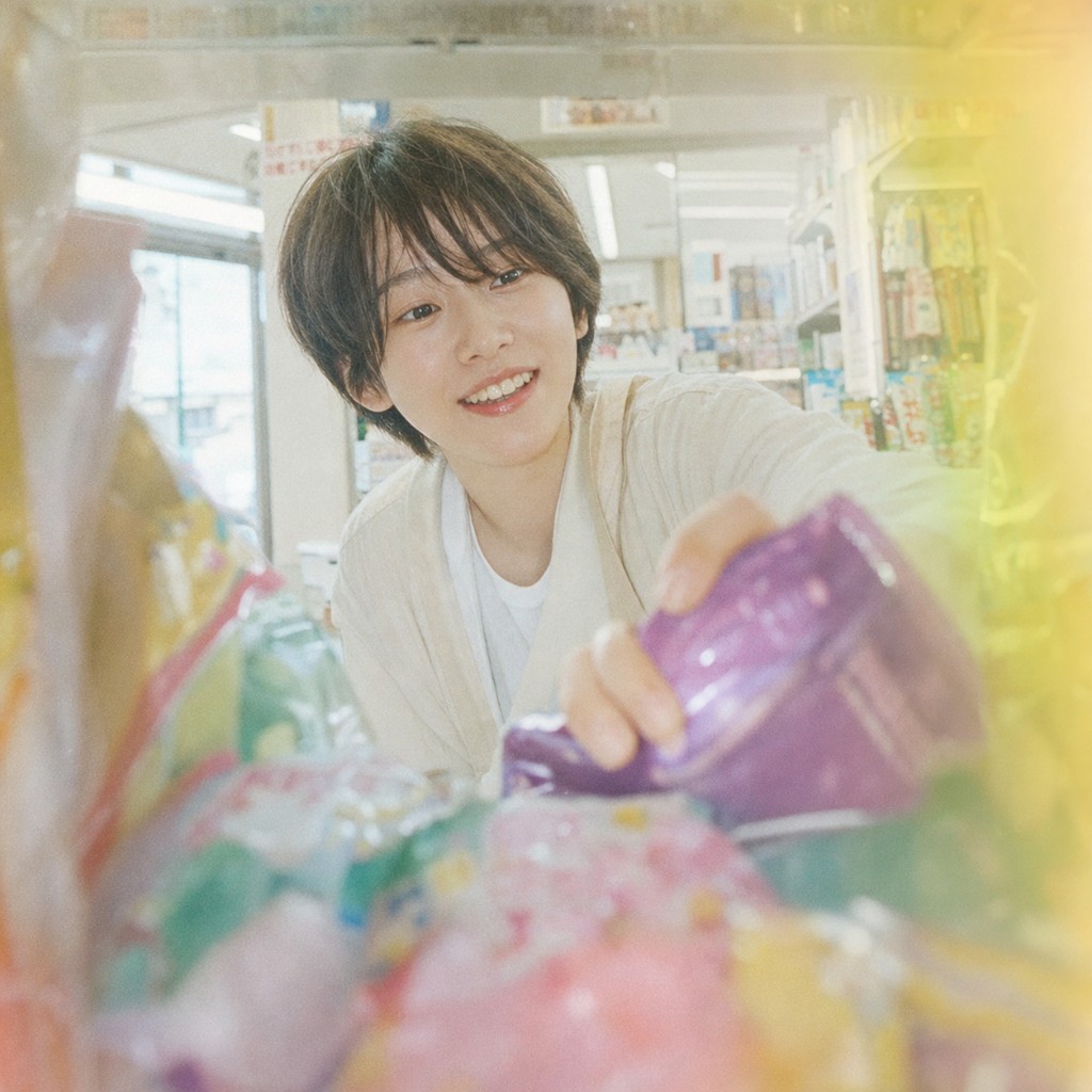 コンビニで推し色のお菓子を見つけて微笑む日常の一コマ